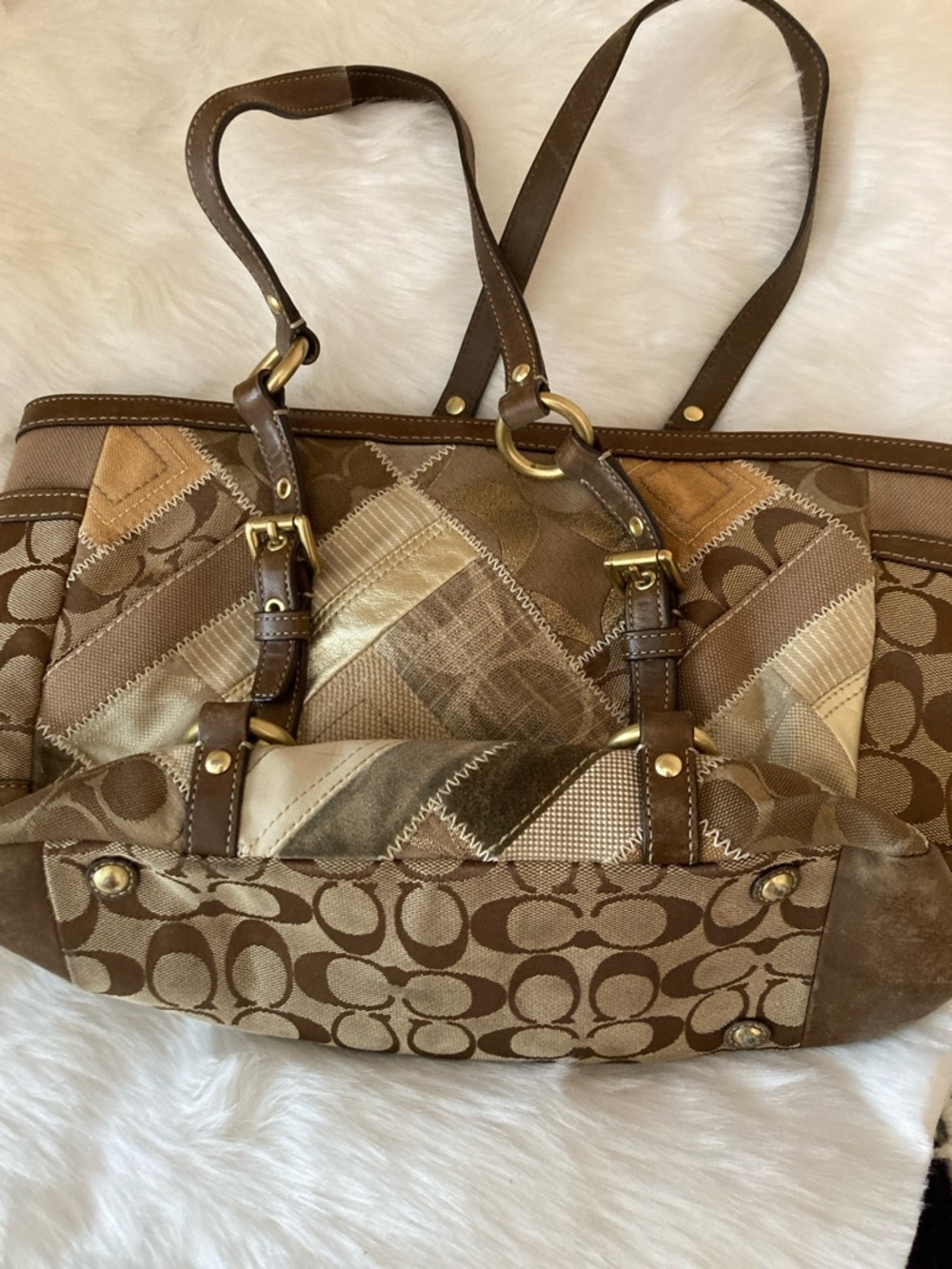 Coach Multitone Brown Patchwork Canvas Shoulder Bag